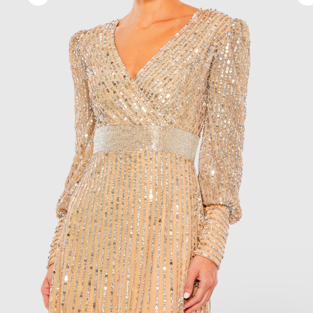 MAC DUGGAL 22 Beige Sequined Wrap Over Bishop Sleeve Gown - Picture 3 of 14
